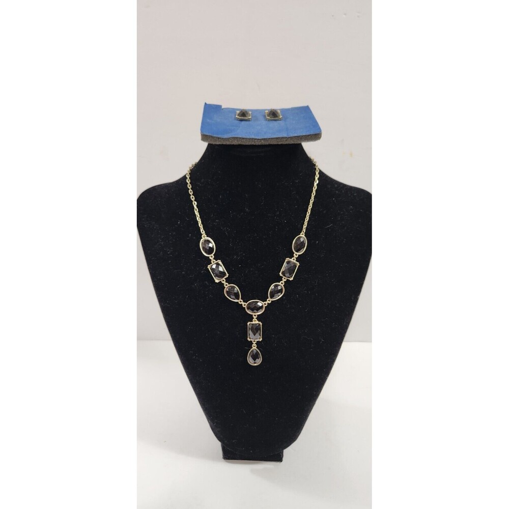 2008 Jet Y Necklace And Earrings Set Black Sparkling Rhinestones Avon NEW